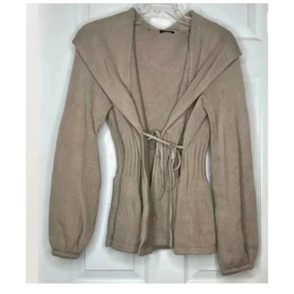 Woman MAGASCHONI tan Chunky Knit Balloon Sleeve Tie Front Cardigan Sweater Small